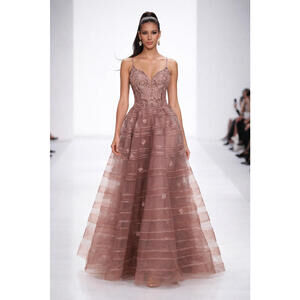 $800 Ellie Wilde EW37097 Espresso Lace & Tulle A-Line Prom Ball Gown sz 4 Gala